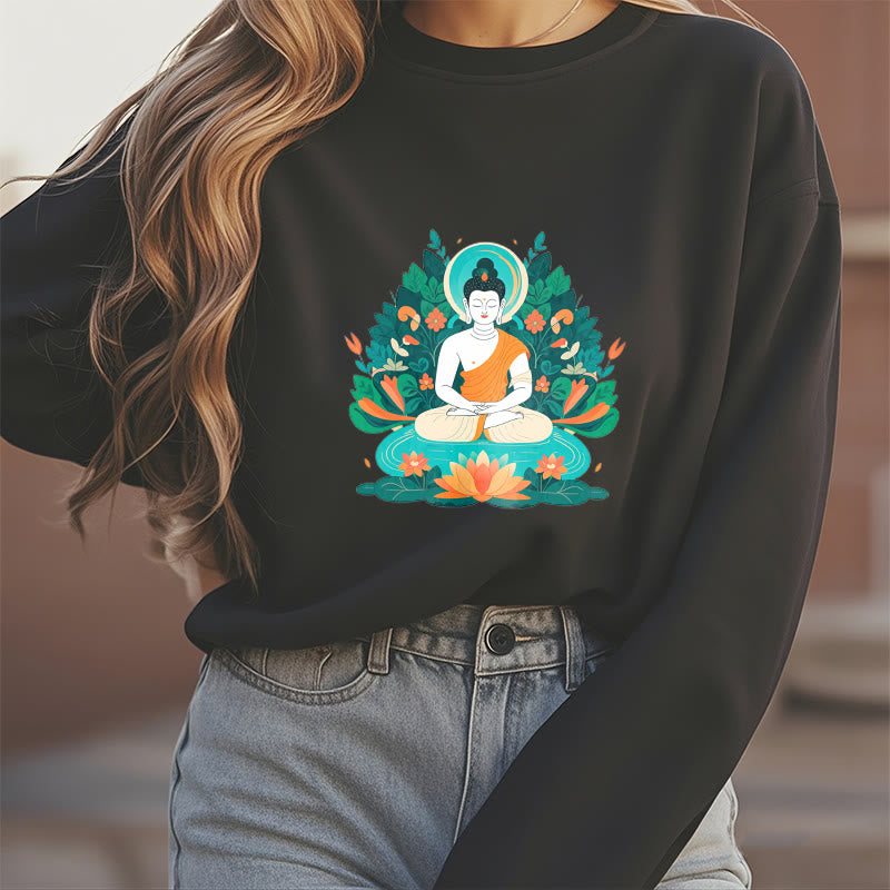 Buddha Stones Lotus Buddha Rundhals-Sweatshirt mit Fleecefutter