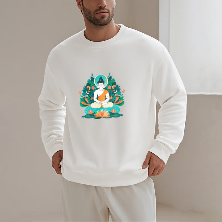 Buddha Stones Lotus Buddha Rundhals-Sweatshirt mit Fleecefutter