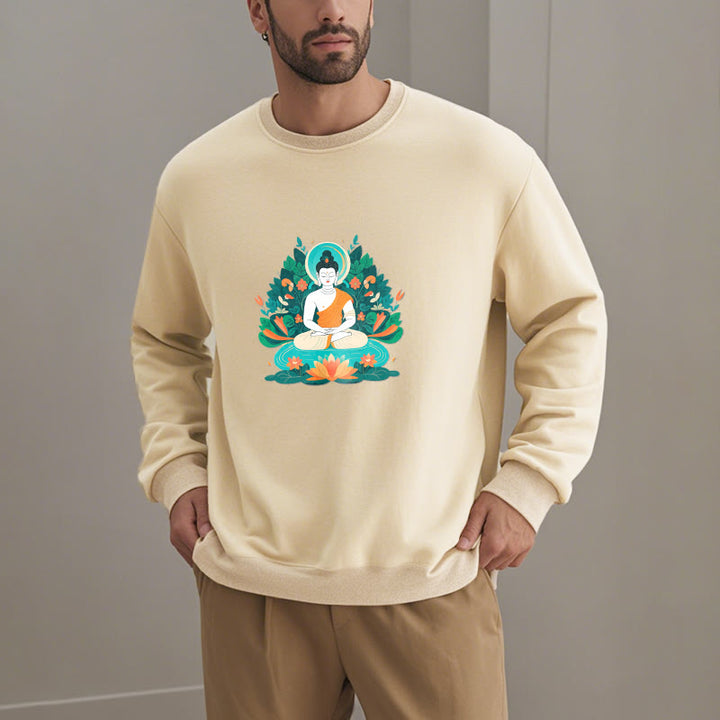 Buddha Stones Lotus Buddha Rundhals-Sweatshirt mit Fleecefutter