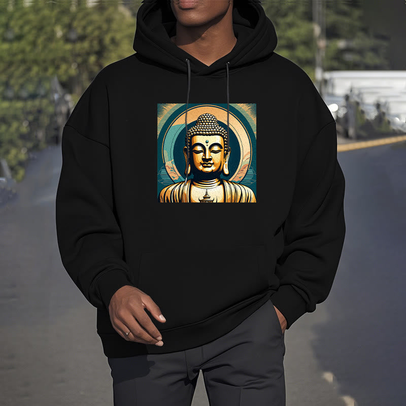 Buddha Stones Aura Goldener Buddha Polyester-Kapuzenpullover mit Fleecefutter