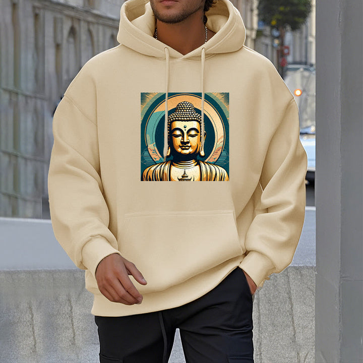 Buddha Stones Aura Goldener Buddha Polyester-Kapuzenpullover mit Fleecefutter