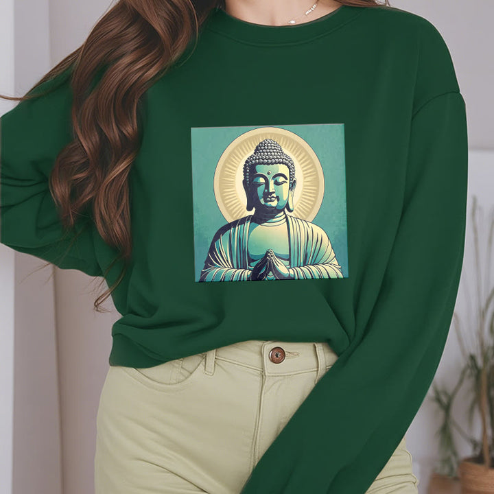 Buddha Stones Aura Grünes Buddha-Sweatshirt mit Rundhalsausschnitt und Fleecefutter