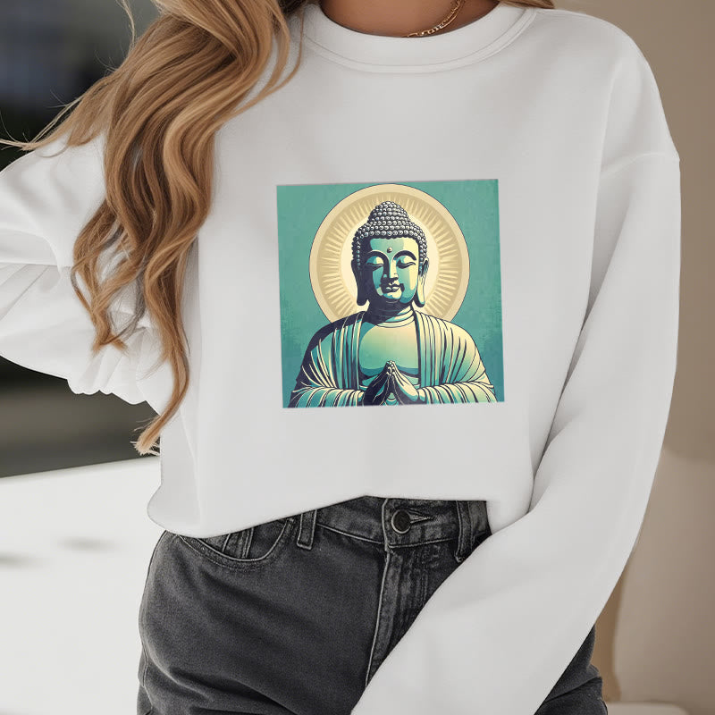 Buddha Stones Aura Grünes Buddha-Sweatshirt mit Rundhalsausschnitt und Fleecefutter