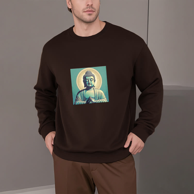 Buddha Stones Aura Grünes Buddha-Sweatshirt mit Rundhalsausschnitt und Fleecefutter