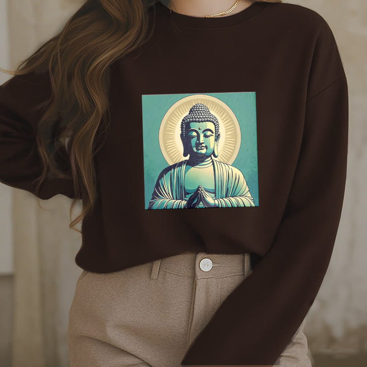 Buddha Stones Aura Grünes Buddha-Sweatshirt mit Rundhalsausschnitt und Fleecefutter