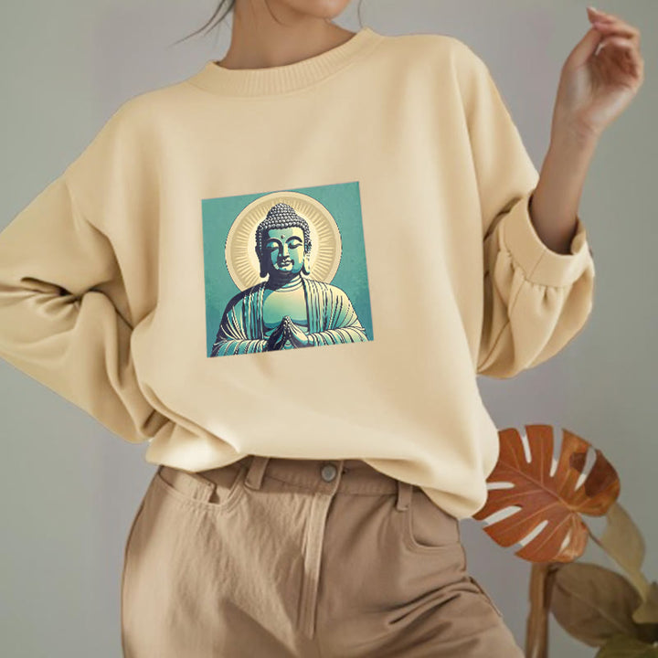 Buddha Stones Aura Grünes Buddha-Sweatshirt mit Rundhalsausschnitt und Fleecefutter