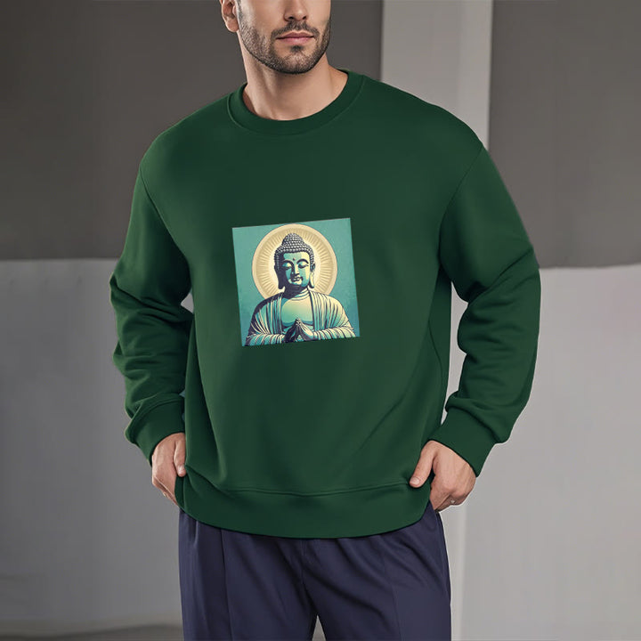 Buddha Stones Aura Grünes Buddha-Sweatshirt mit Rundhalsausschnitt und Fleecefutter