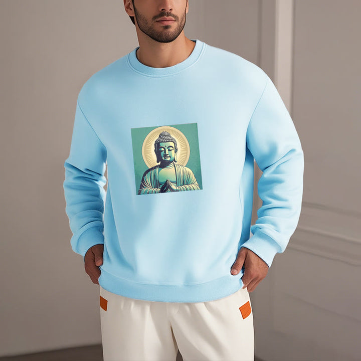 Buddha Stones Aura Grünes Buddha-Sweatshirt mit Rundhalsausschnitt und Fleecefutter