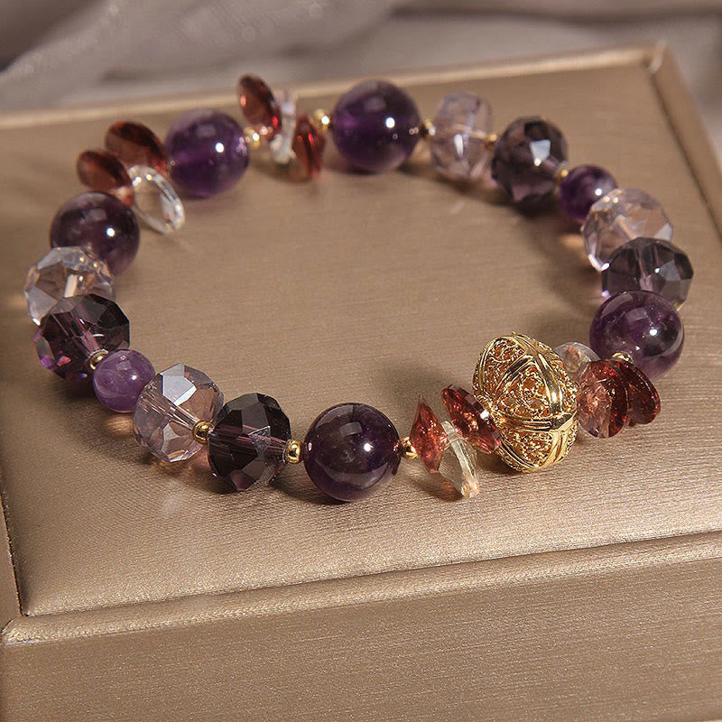 Buddha Stones, Amethyst, roter Kristall, weißer Kristall, Kürbis, innerer Frieden und Heilung, Armband