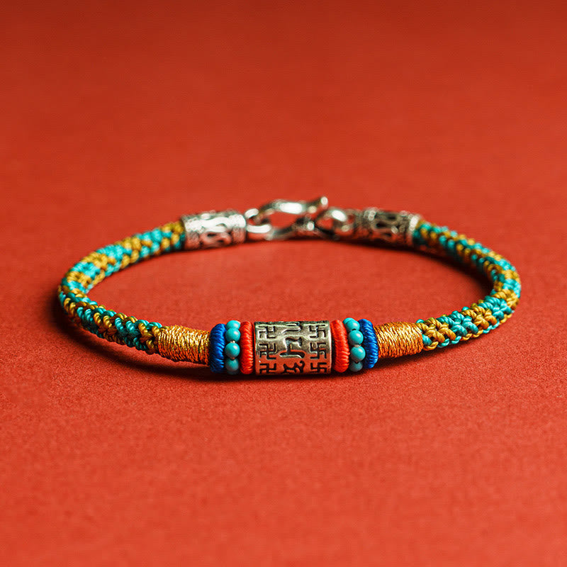 Buddha Stones Bunte Schnur Sechs Wahre Worte 925 Silber Fokus Armband - 925 Sterlingsilber - 19 cm - image 0