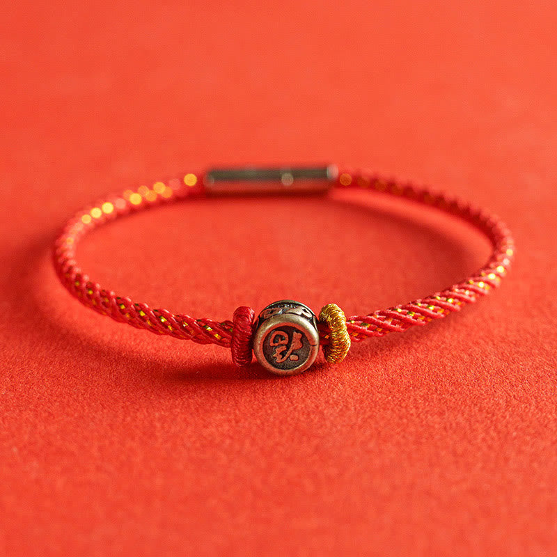 Buddha Stones , geflochtene Schnur, 925 Sterling Silber, Fu-Charakter, Glaube-Armband - Rot - 19 cm - image 0
