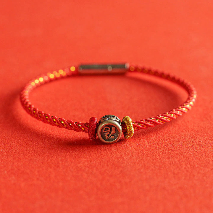 Buddha Stones , geflochtene Schnur, 925 Sterling Silber, Fu-Charakter, Glaube-Armband - Rot - 19 cm - image 0