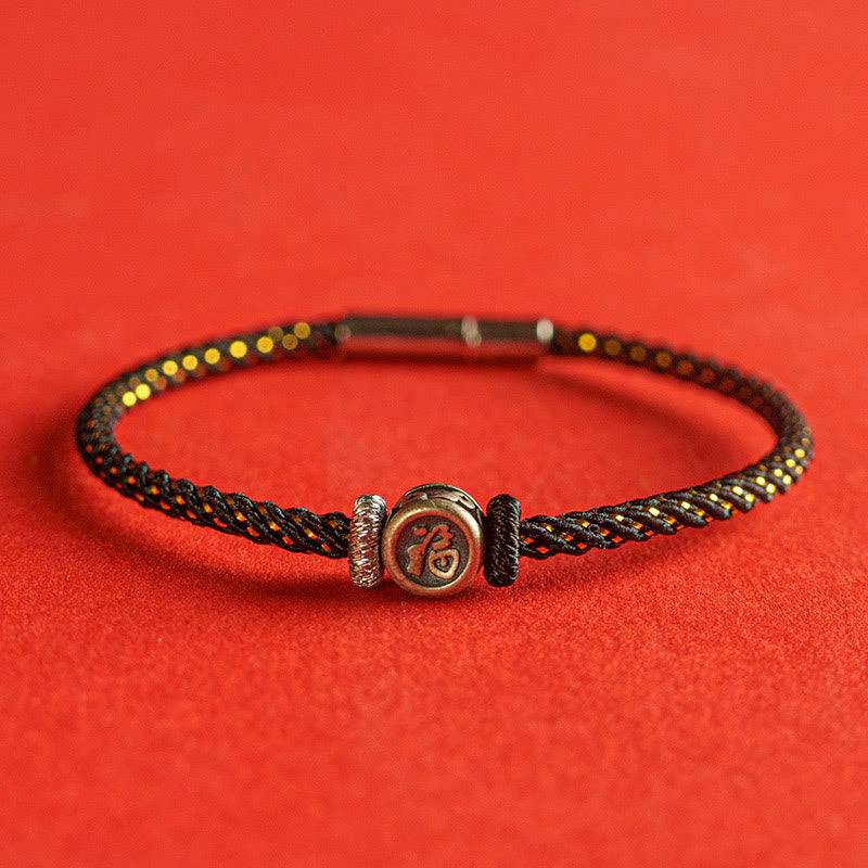 Buddha Stones , geflochtene Schnur, 925 Sterling Silber, Fu-Charakter, Glaube-Armband - Schwarz - 19 cm - image 8