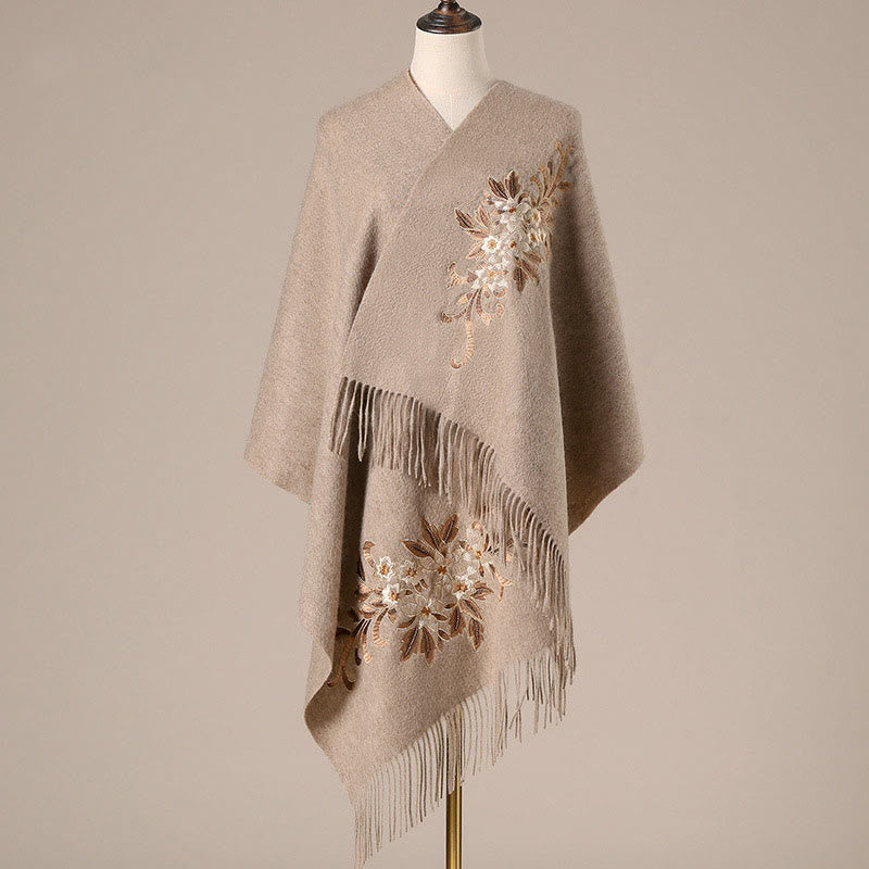 Buddha Stones -Wollschal, Begonie-Stickerei, Quaste, Winter, gemütlicher Reiseschal, Wickeltuch - Bräunen - 200 x 60 cm - image 0