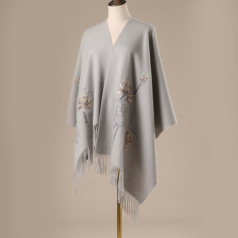 Buddha Stones -Wollschal, Lotus-Stickerei, Quaste, Winter, gemütlicher Reiseschal, Wickeltuch - image 1