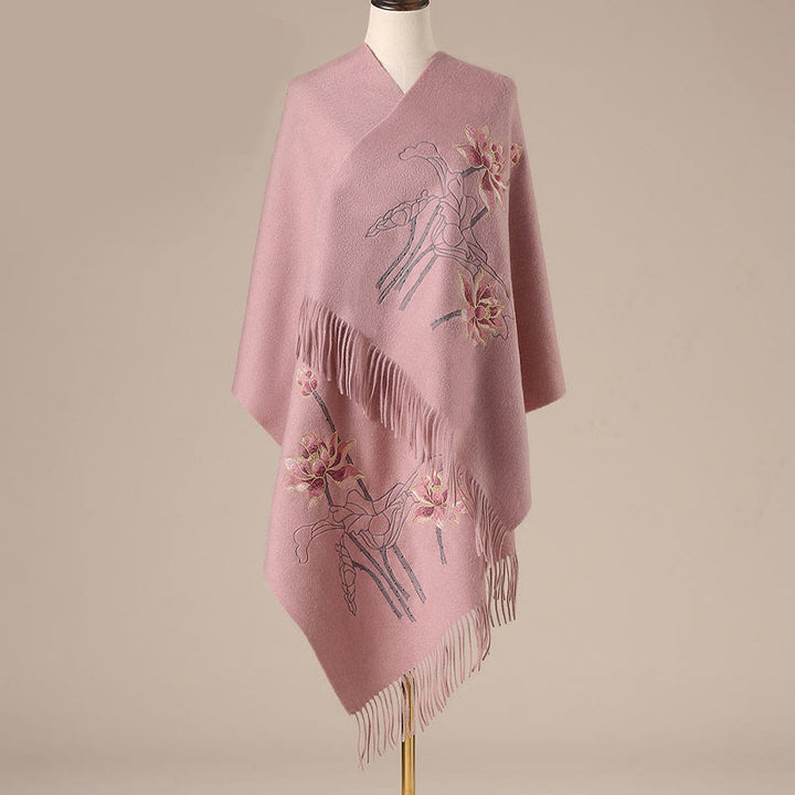 Buddha Stones -Wollschal, Lotus-Stickerei, Quaste, Winter, gemütlicher Reiseschal, Wickeltuch - Hellkoralle - 200 x 60 cm - image 3