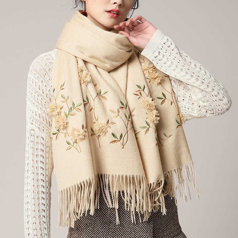 Buddha Stones -Wollschal, 3D-Blumenstickerei, Quaste, Winter, gemütlicher Reiseschal - Biskuit - 200 x 60 cm - image 16