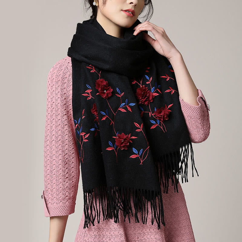 Buddha Stones -Wollschal, 3D-Blumenstickerei, Quaste, Winter, gemütlicher Reiseschal - image 1