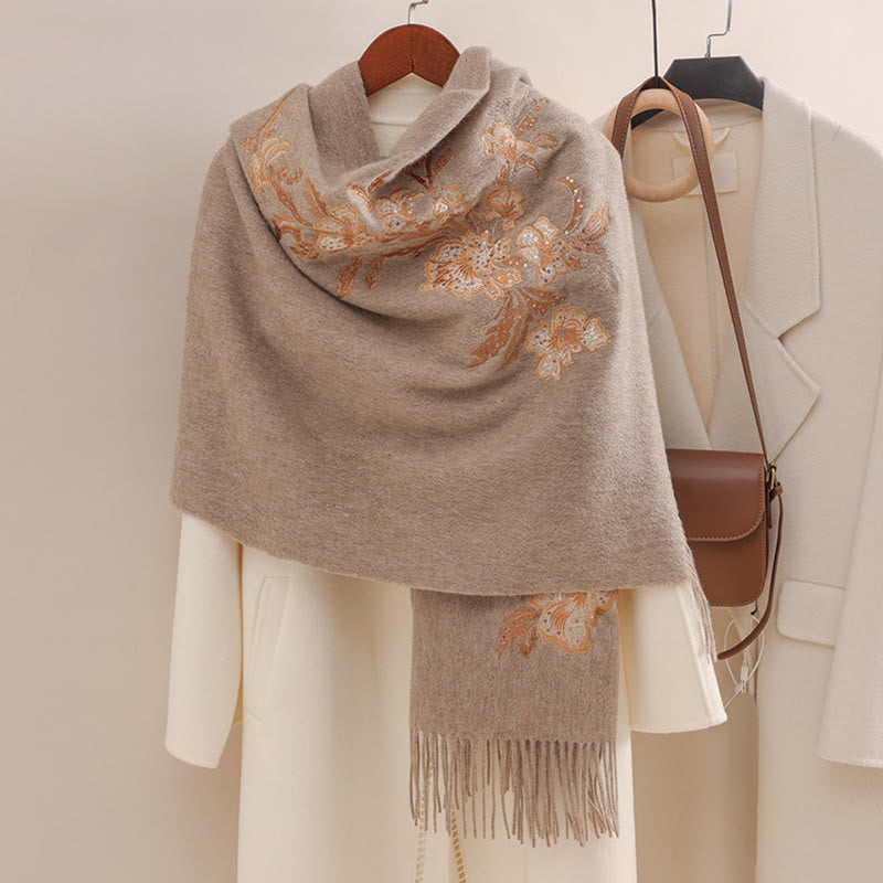 Buddha Stones -Wollschal, rote Blume, goldene Pailletten-Stickerei, Quaste, gemütlicher Winter-Reiseschal - Bräunen - 200 x 60 cm - image 5