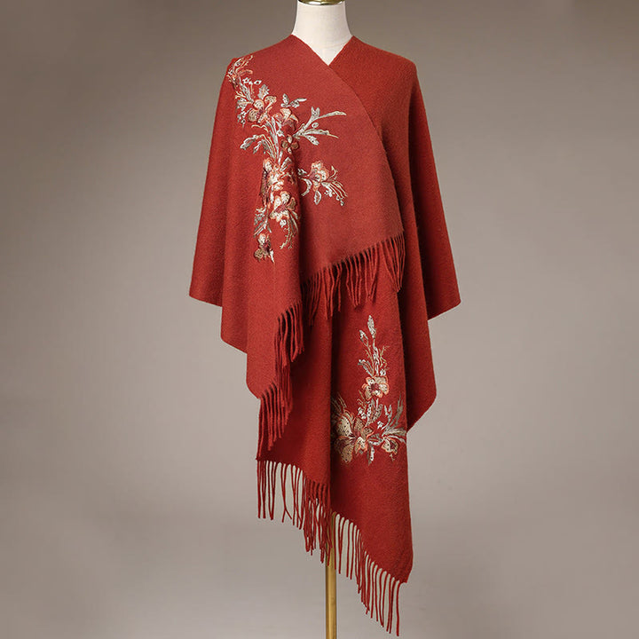Buddha Stones -Wollschal, rote Blume, goldene Pailletten-Stickerei, Quaste, gemütlicher Winter-Reiseschal - image 2