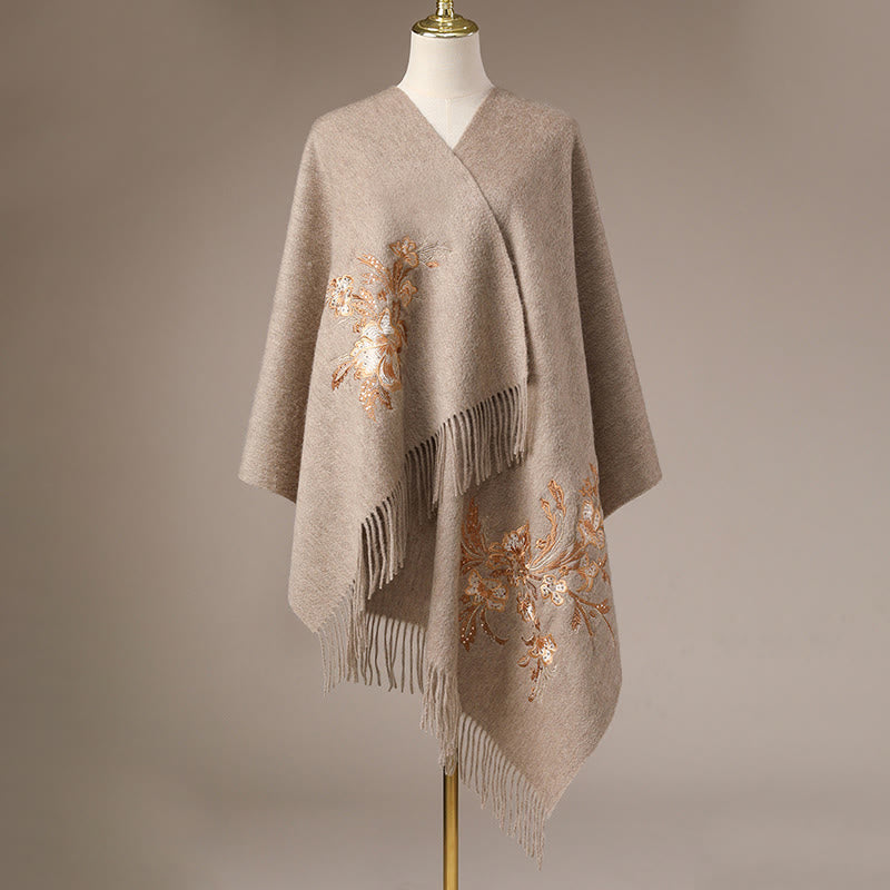 Buddha Stones -Wollschal, rote Blume, goldene Pailletten-Stickerei, Quaste, gemütlicher Winter-Reiseschal - image 7