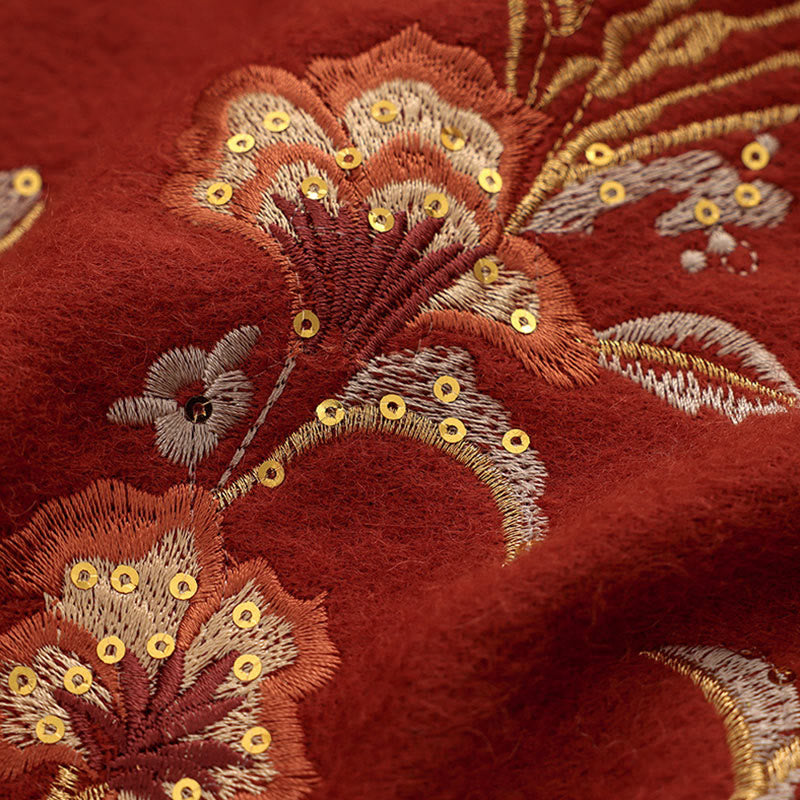 Buddha Stones -Wollschal, rote Blume, goldene Pailletten-Stickerei, Quaste, gemütlicher Winter-Reiseschal - image 4
