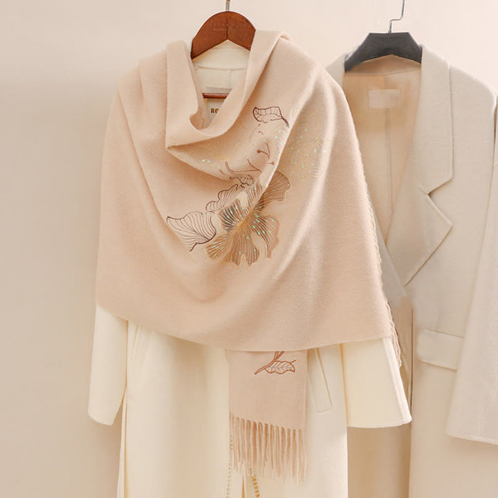 Buddha Stones -Wollschal, große Blumen-Pailletten-Stickerei, Quaste, gemütlicher Winter-Reiseschal - Pfirsichpuff - 200 x 60 cm - image 0