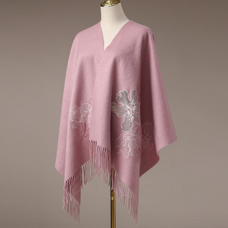 Buddha Stones -Wollschal, große Blumen-Pailletten-Stickerei, Quaste, gemütlicher Winter-Reiseschal - image 8