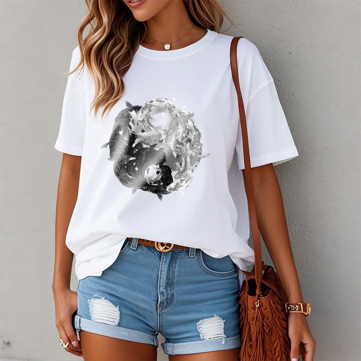Buddha Stones ​​Yin Yang Koi Fisch Kombination Baumwolle T-Shirt - image 1