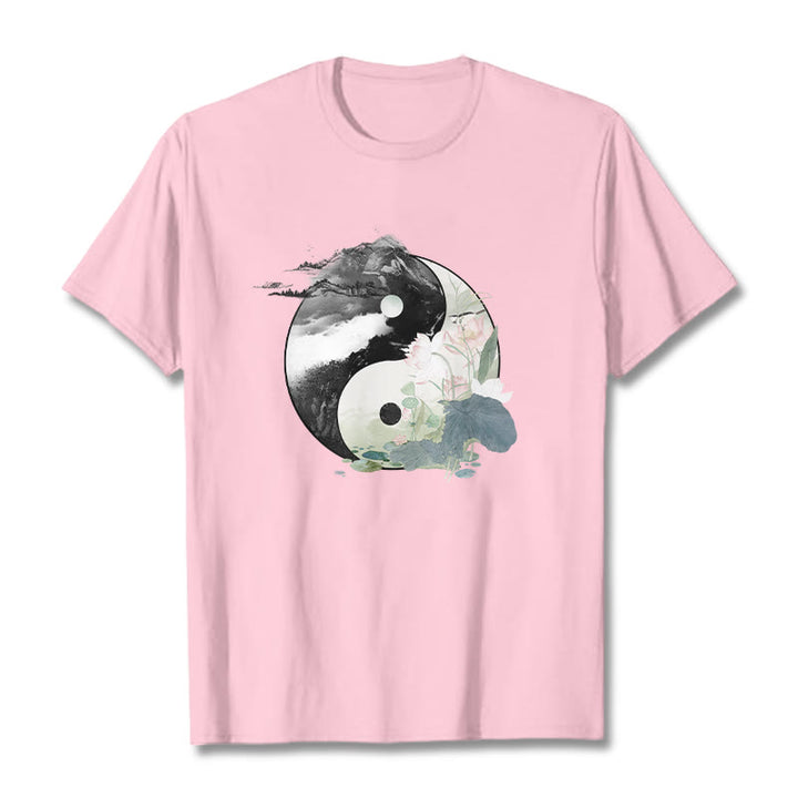 Buddha Stones ​​Yin Yang Lotus Blatt Tinte Malerei Baumwolle T-shirt - Hellrosa - 2XL - image 18