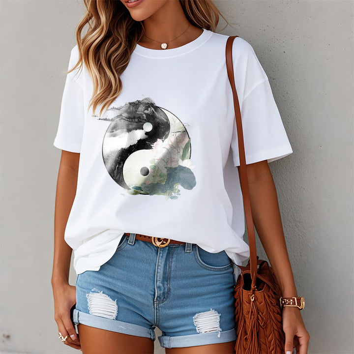 Buddha Stones Yin Yang Lotus Blatt Tinte Malerei Baumwolle T-shirt