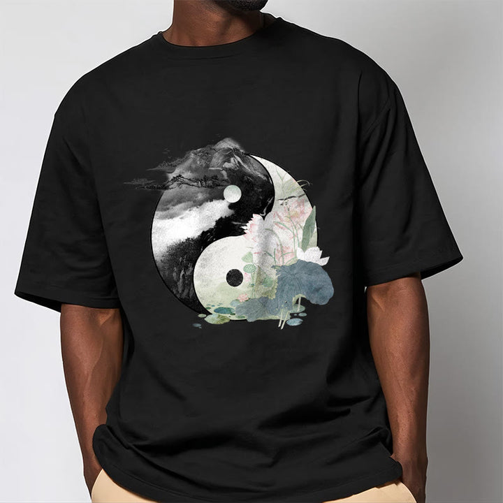 Buddha Stones ​​Yin Yang Lotus Blatt Tinte Malerei Baumwolle T-shirt - image 3