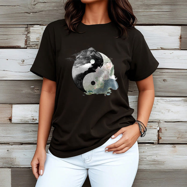 Buddha Stones Yin Yang Lotus Blatt Tinte Malerei Baumwolle T-shirt