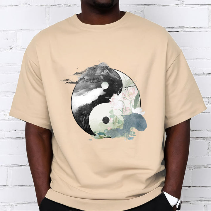 Buddha Stones Yin Yang Lotus Blatt Tinte Malerei Baumwolle T-shirt