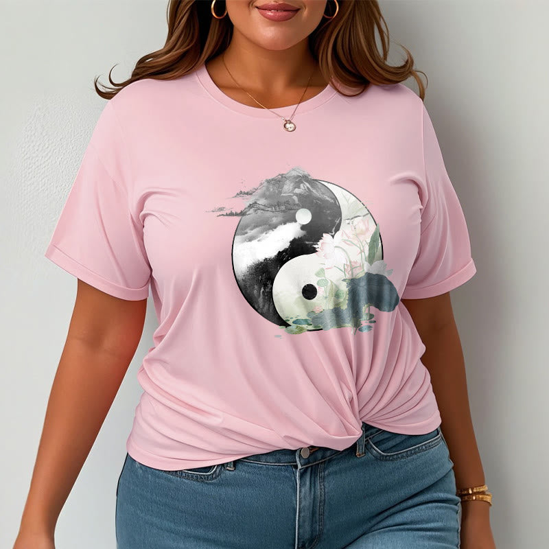 Buddha Stones ​​Yin Yang Lotus Blatt Tinte Malerei Baumwolle T-shirt - image 19