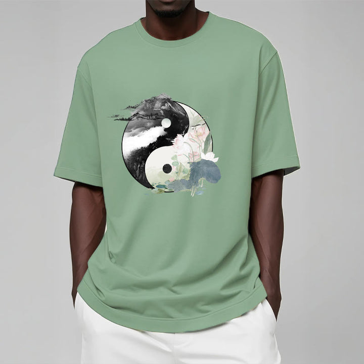 Buddha Stones Yin Yang Lotus Blatt Tinte Malerei Baumwolle T-shirt