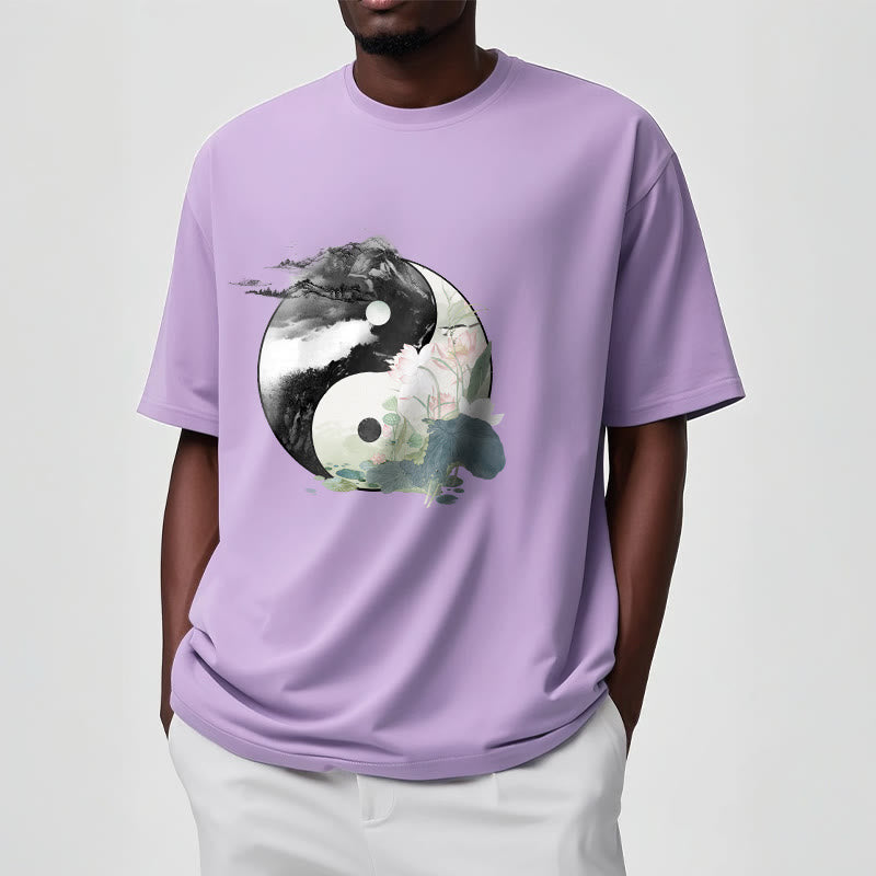 Buddha Stones ​​Yin Yang Lotus Blatt Tinte Malerei Baumwolle T-shirt - image 21