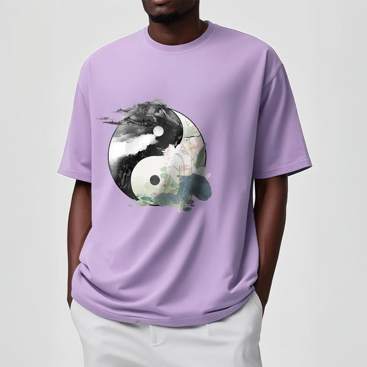 Buddha Stones Yin Yang Lotus Blatt Tinte Malerei Baumwolle T-shirt