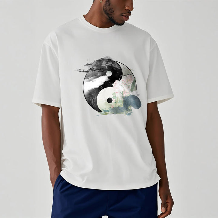 Buddha Stones Yin Yang Lotus Blatt Tinte Malerei Baumwolle T-shirt