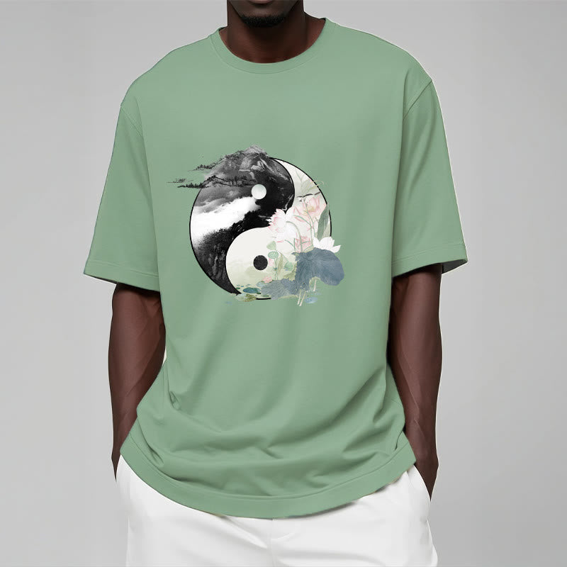 Buddha Stones ​​Yin Yang Lotus Blatt Tinte Malerei Baumwolle T-shirt - image 17