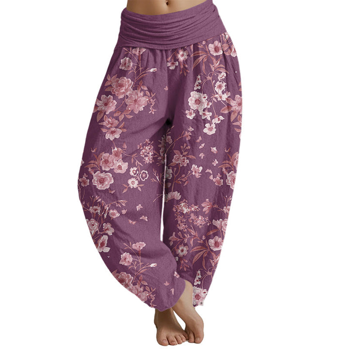 Buddha Stones Sommer-Haremshose mit böhmischem Blumenmuster für Damen, elastische Taille