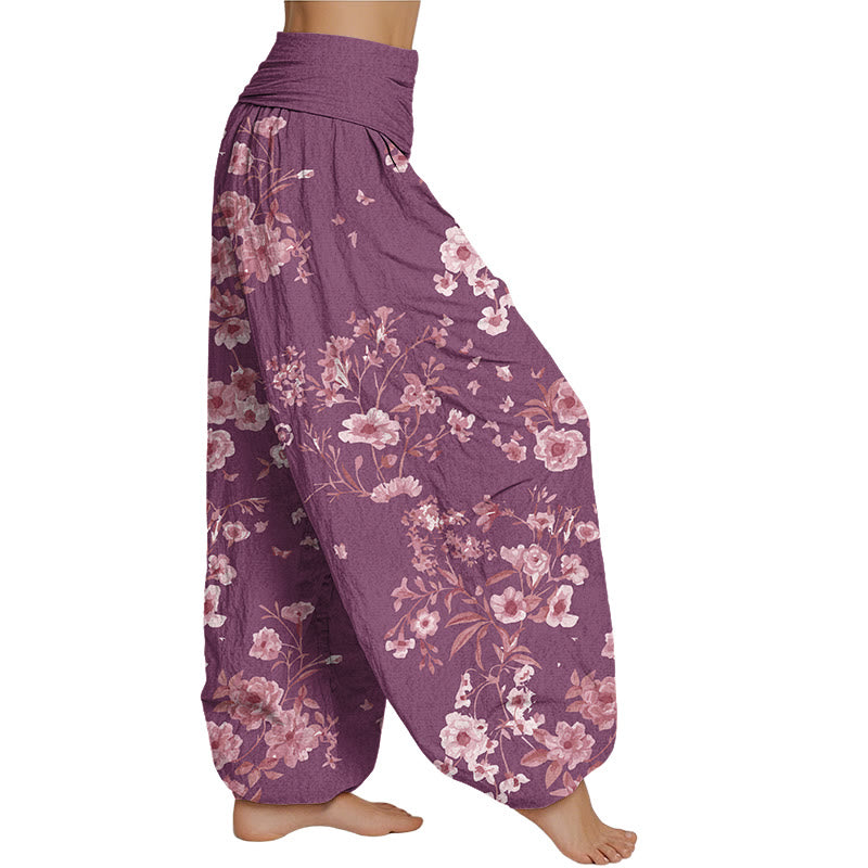 Buddha Stones Sommer-Haremshose mit böhmischem Blumenmuster für Damen, elastische Taille