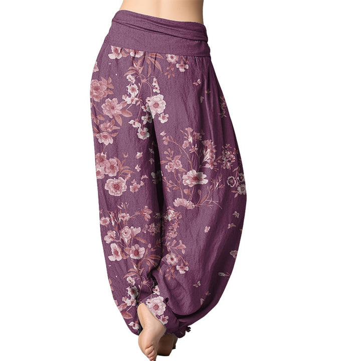 Buddha Stones Sommer-Haremshose mit böhmischem Blumenmuster für Damen, elastische Taille