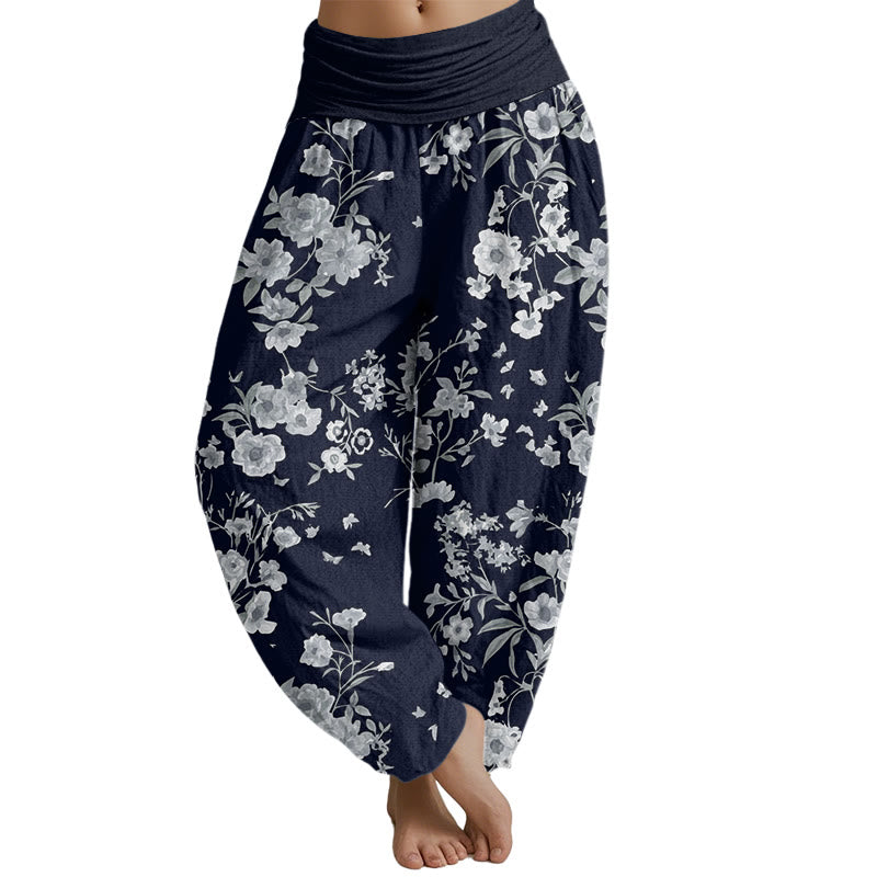 Buddha Stones Sommer-Haremshose mit böhmischem Blumenmuster für Damen, elastische Taille