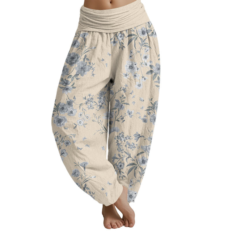 Buddha Stones Sommer-Haremshose mit böhmischem Blumenmuster für Damen, elastische Taille