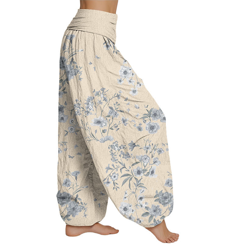 Buddha Stones Sommer-Haremshose mit böhmischem Blumenmuster für Damen, elastische Taille