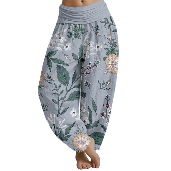 Haremshose für Damen mit elastischer Taille und Buddha Stones, Blumen- und Pflanzenmuster