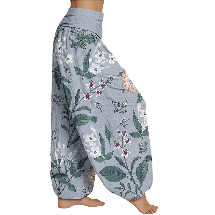 Haremshose für Damen mit elastischer Taille und Buddha Stones, Blumen- und Pflanzenmuster