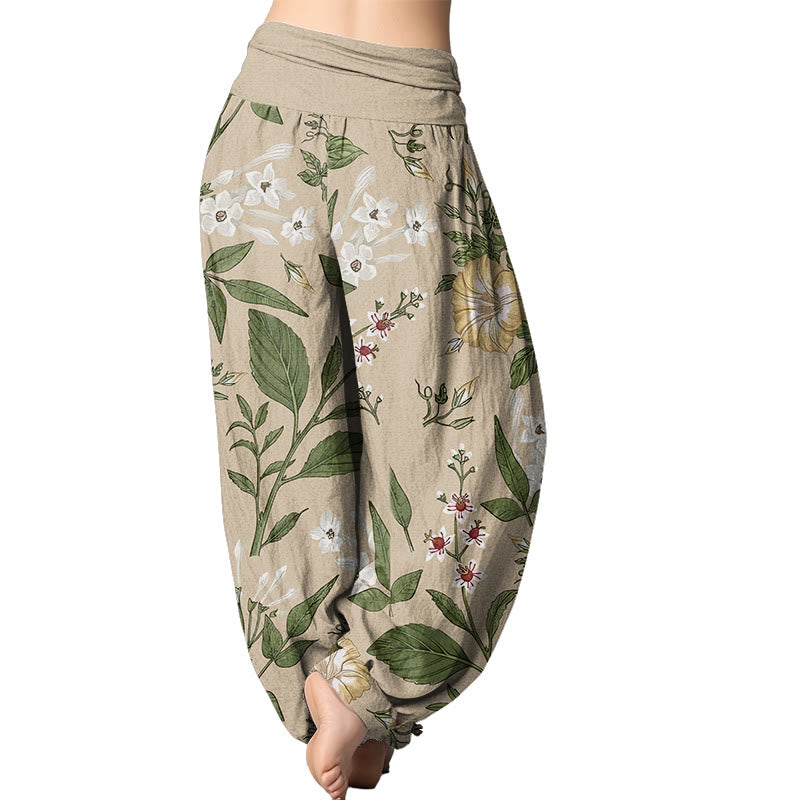 Haremshose für Damen mit elastischer Taille und Buddha Stones, Blumen- und Pflanzenmuster