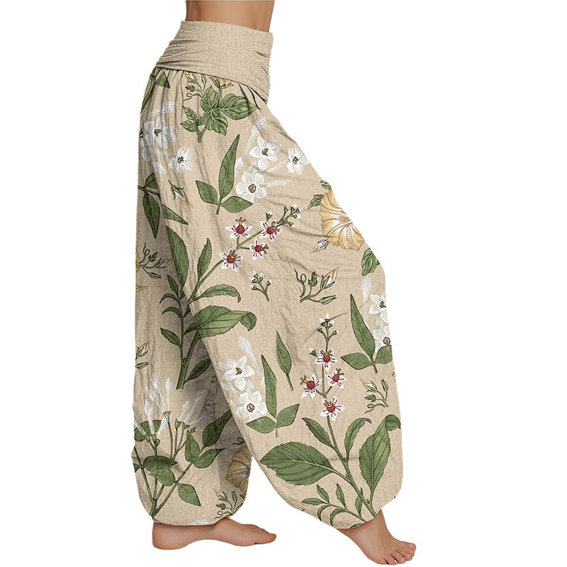 Haremshose für Damen mit elastischer Taille und Buddha Stones, Blumen- und Pflanzenmuster